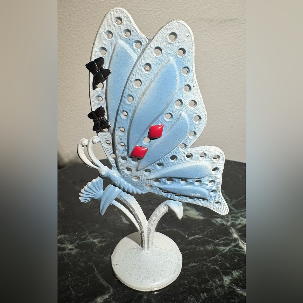 Vintage Kitsch Black Cast Iron Airbrushed Earring Butterfly Tree; 5”